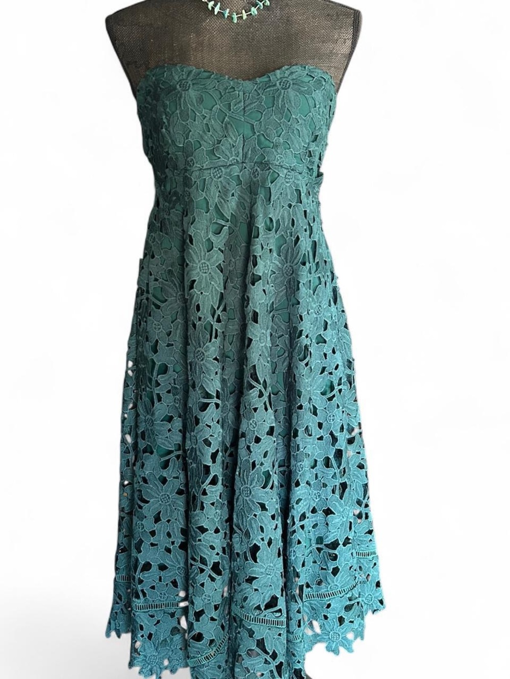 A Pea in the Pod Teal Strapless Floral Lace Midi Dress
